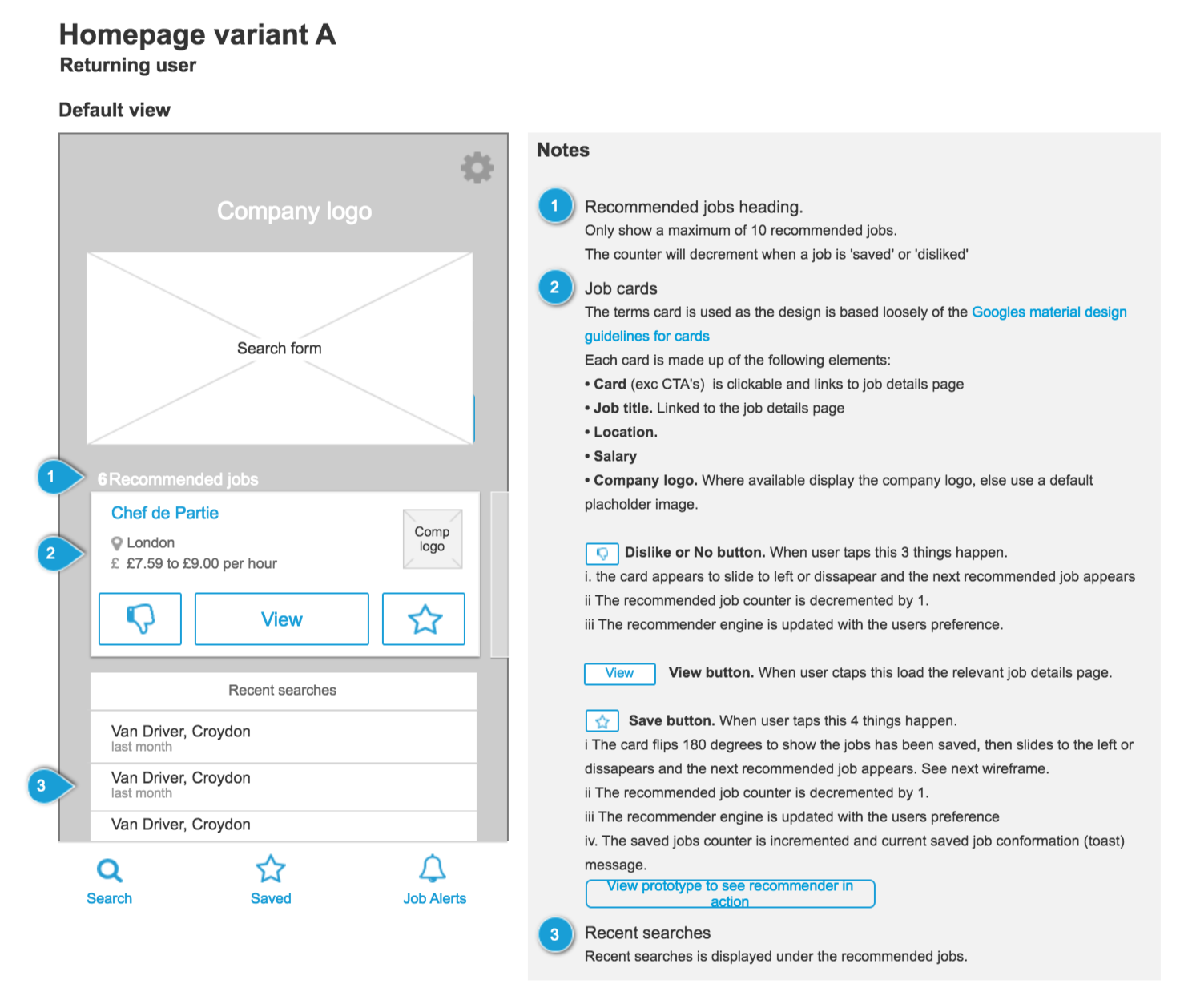 Annotated mobile homepage variant